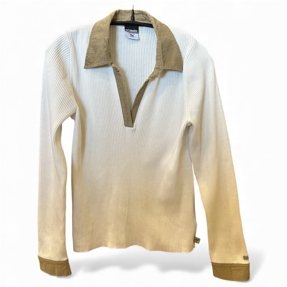 Columbia Y2K Ribbed Long Sleeve V Neck with Corduroy Accents.   Size:M   Vintage